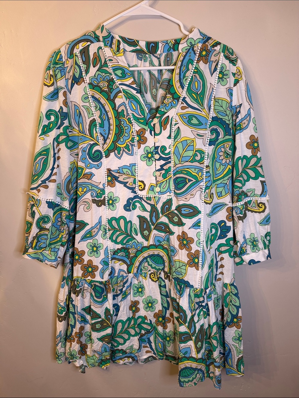 LOFT White Tunic Dress with Teal, Green & Brown Paisley Print